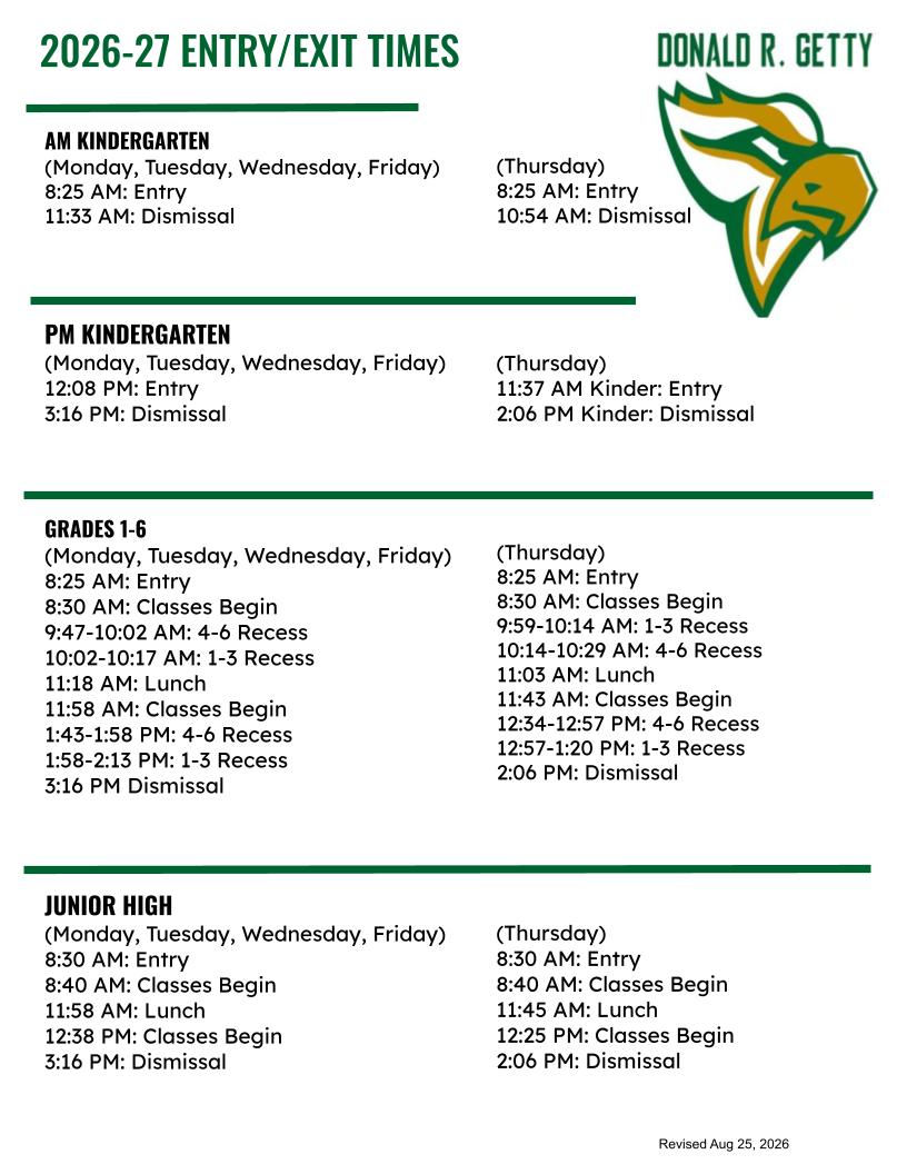 2026-27 Bell Schedule Entry/Exit Times